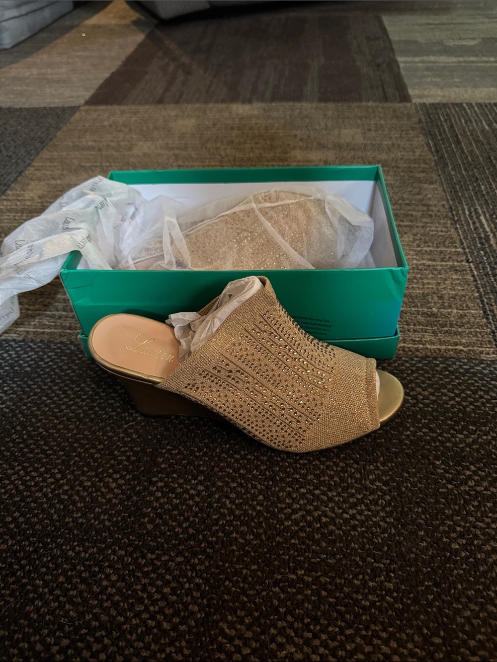 Lauren Lorraine Tan Open-Toe Wedge Mules with Sparkle Knit